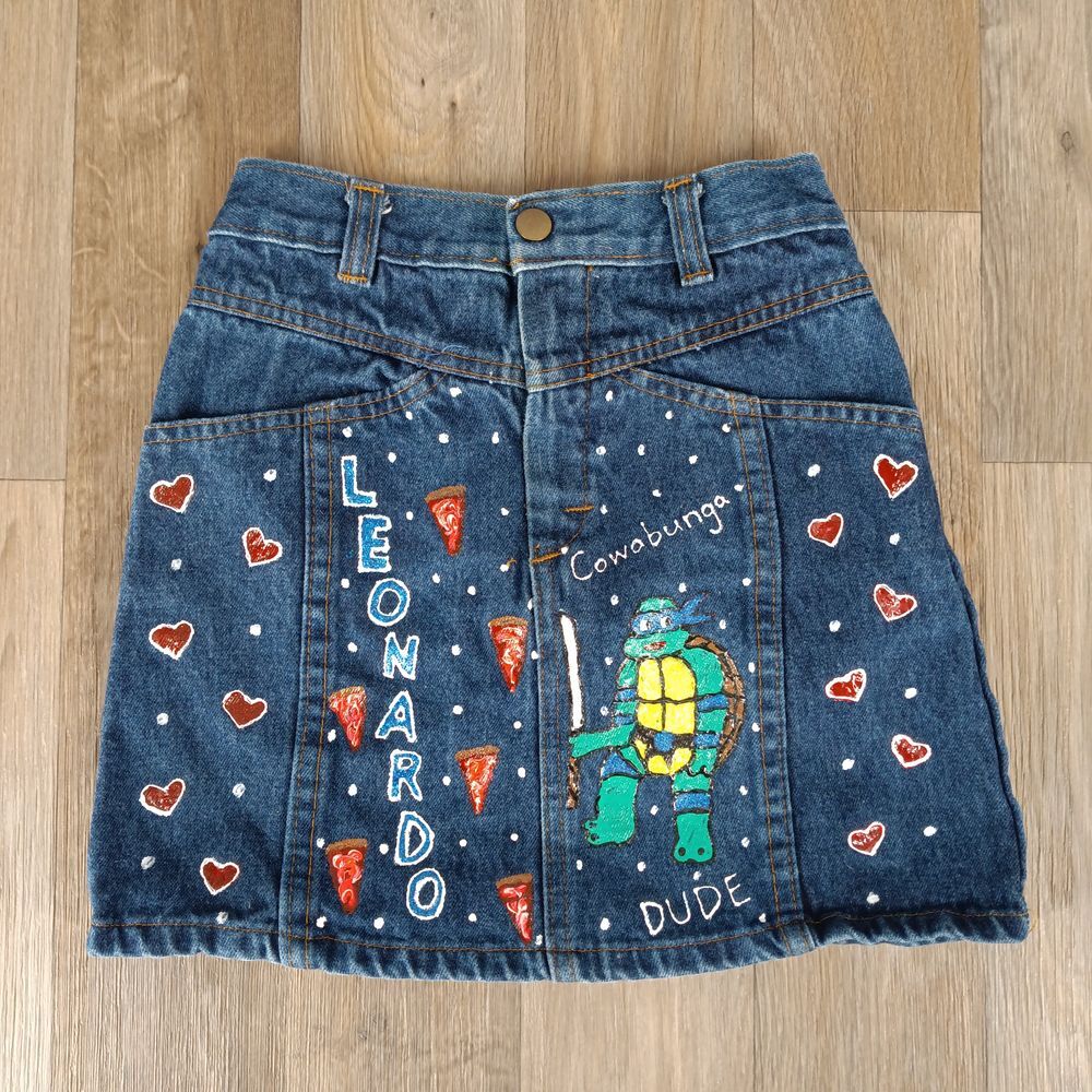 Vintage 1988 Jetset Girls 7 TMNT Leonardo Custom Painted Blue Denim Jean Skirt‎